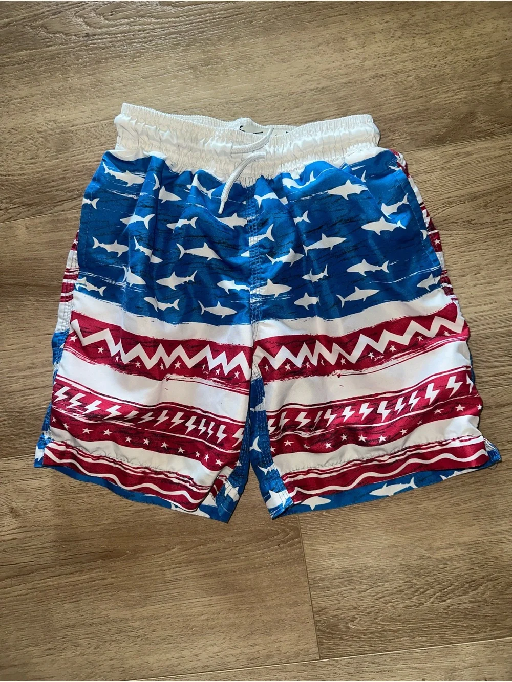 Kids' Blue and Red Shark-Print Swim Trunks